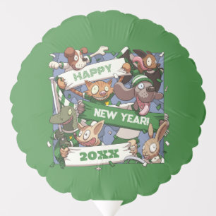 Funny Animals New Year Party Sports Crowd Cartoon Balloon