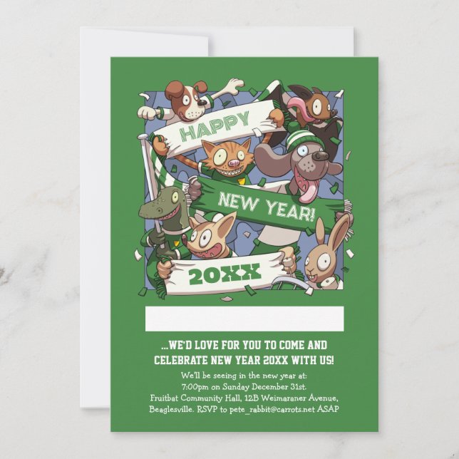 Funny Animals New Year's Party Sports Fans Cartoon Invitation (Front)