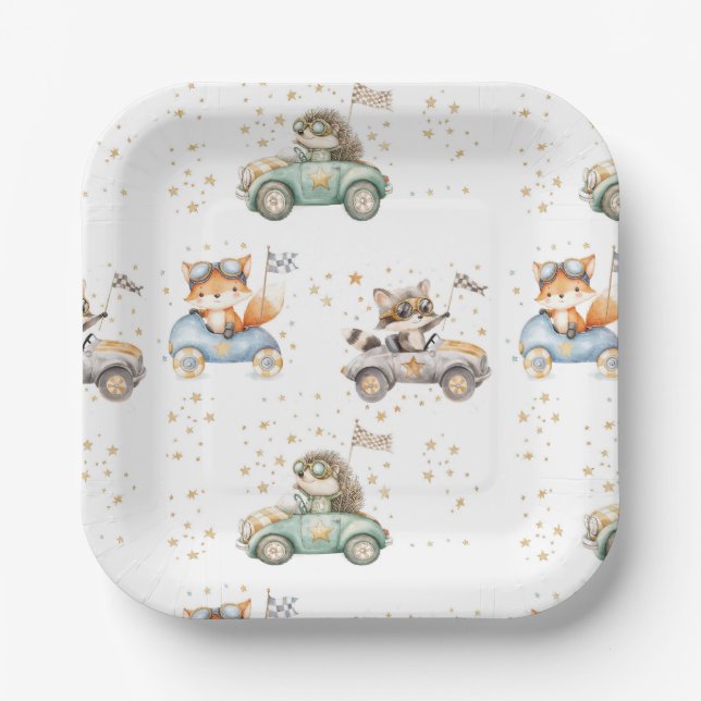 Funny Animals Race Cars 2nd Birthday Paper Plates (Front)