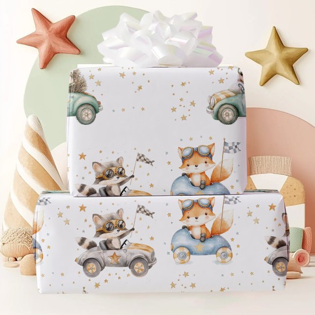 Funny Animals Race Cars 2nd Birthday Wrapping Paper (Creator Uploaded)