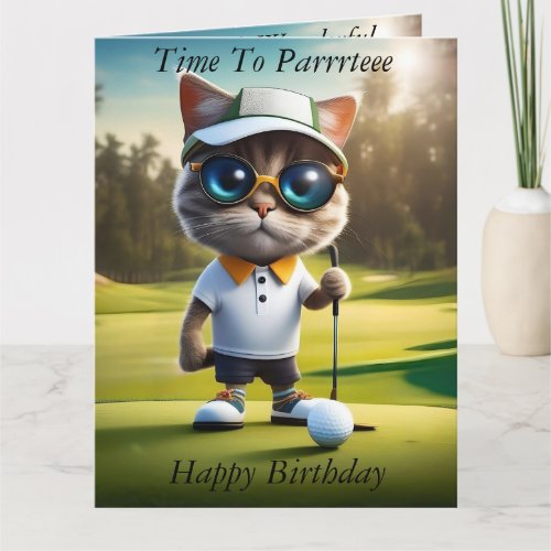 Funny Animated Cat Golf Player Birthday Card