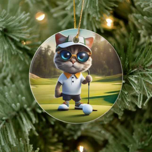 Funny Animated Cat Golf Player, Ceramic Ornament (Tree)