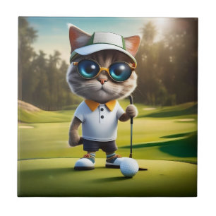 Funny Animated Cat Golf Player, Ceramic Tile