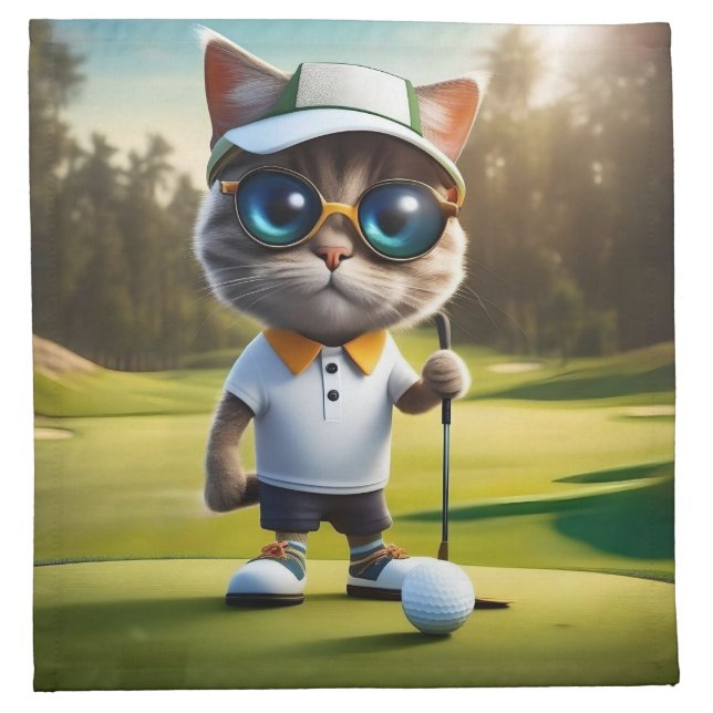 Funny Animated Cat Golf Player, Cloth Napkin (Front)