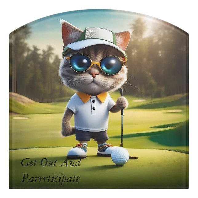 Funny Animated Cat Golf Player,  Door Sign (Contour Front)