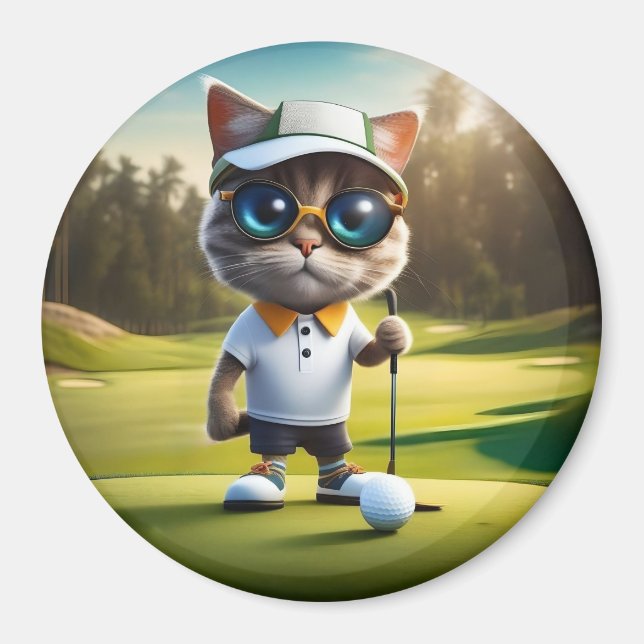 Funny Animated Cat Golf Player, Magnet (Front)
