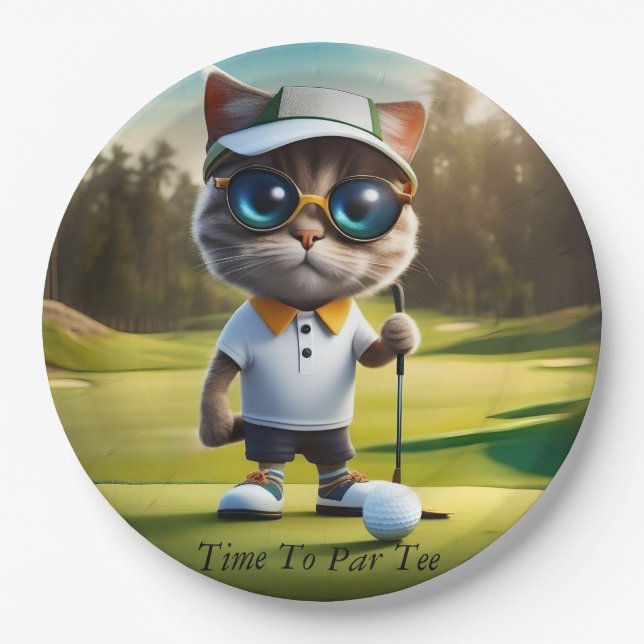 Funny Animated Cat Golf Player, Paper Plates (Front)