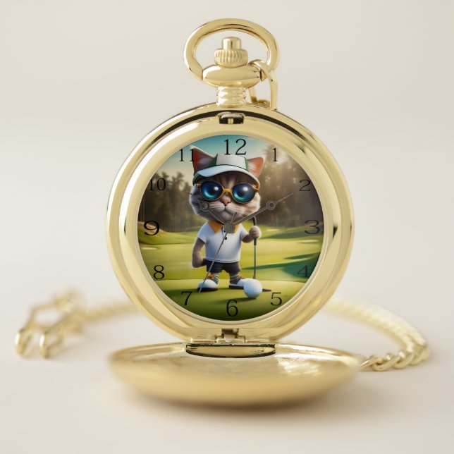 Funny Animated Cat Golf Player, Pocket Watch (Inside)