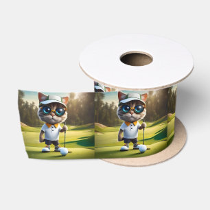 Funny Animated Cat Golf Player, Satin Ribbon