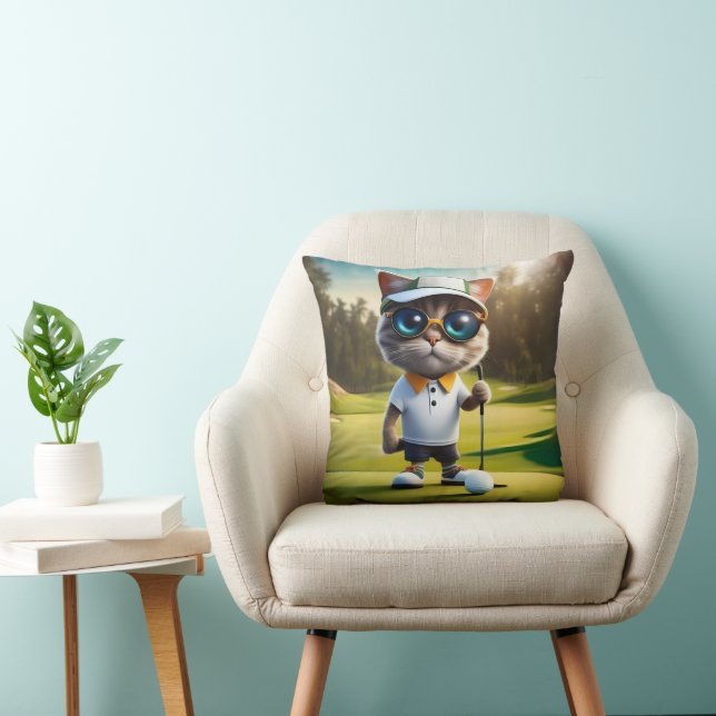 Funny Animated Cat Golf Player, Throw Pillow (Chair)