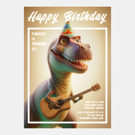 Funny Animated Dinosaur Guitar Birthday Invitation