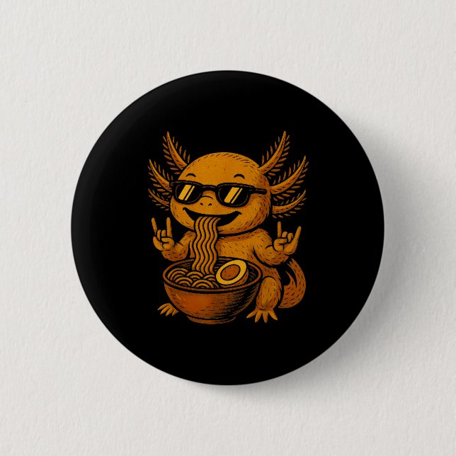 Funny Anime Kawaii Axolotl Eating Ramen Graphic Te Button (Front)
