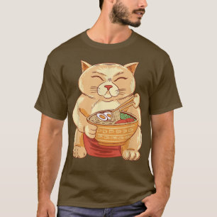 Funny Anime Sumo Cat Eats Ramen Noodles Kawaii in T-Shirt