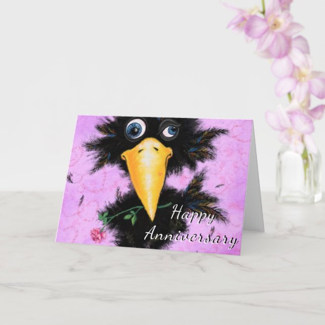 Funny Anniversary Card Romantic Crow with Rose (Orchid)