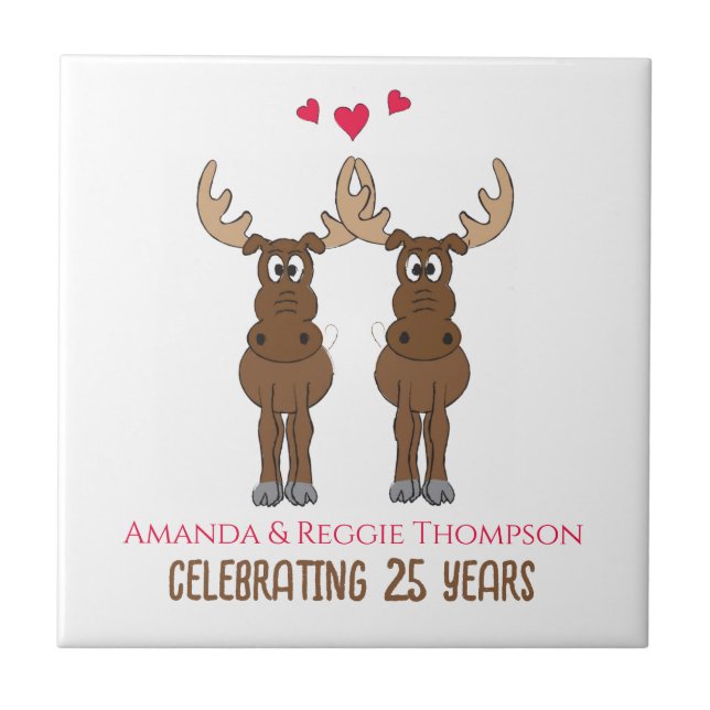 Funny Anniversary Party Cute Whimsical Moose Ceramic Tile (Front)