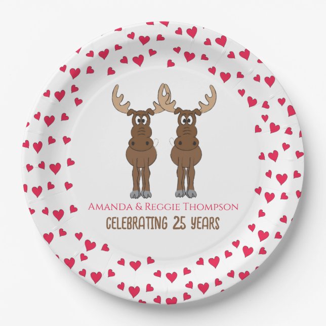 Funny Anniversary Party Cute Whimsical Moose Paper Plates (Front)