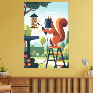 Funny anthropomorphic squirrel who is welding canvas print