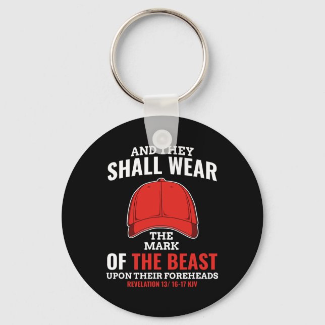Funny Anti Trump Mark Of The Beast Red Hat Liberal Keychain (Front)