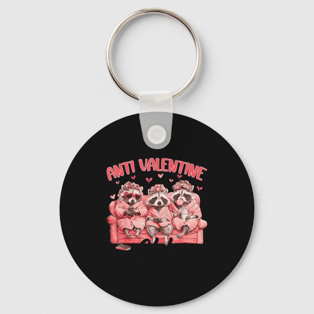 Funny Anti Valentine Club Raccoon Heart Happy Vale Keychain (Front)