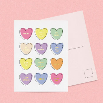 Funny Anti Valentine's Day Candy Hearts Foil Holiday Postcard by origamiprints at Zazzle