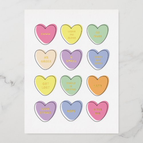 Funny Anti Valentines Day Candy Hearts Foil Holiday Postcard