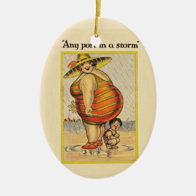 Funny Antique Couple on Beach Oddity Ceramic Ornament