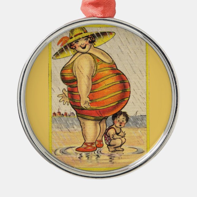 Funny Antique Couple on Beach Oddity Metal Ornament (Front)