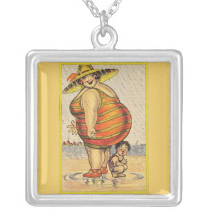 Funny Antique Couple on Beach Oddity Silver Plated Necklace