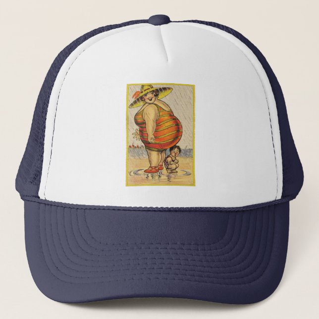 Funny Antique Couple on Beach Oddity Trucker Hat (Front)