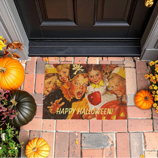 Funny Apple Bobbing Halloween Door Mat (A cute, retro Halloween decorative door mat feature a funny kid who lost a tooth bobbing for apples.)