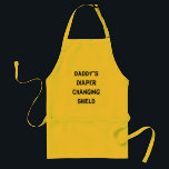 Funny apron for New Dad "diaper changing shield"<br><div class="desc">This is the perfect gift for any new dad or dad-to-be! Personalize it,  change it up and then Fill up the pockets of the apron with the baby items and really make this a one-of-kind gift that any Dad or Mom will love,  cherish (AND NEED!)</div>