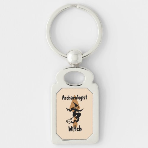 Funny Archaeologist Witch on a Broom and Trowel Keychain