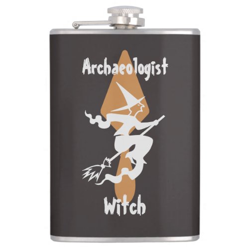 Funny Archaeologist Witch on a Broom Flask