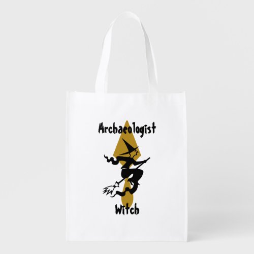 Funny Archaeologist Witch With Broom and Trowel Grocery Bag