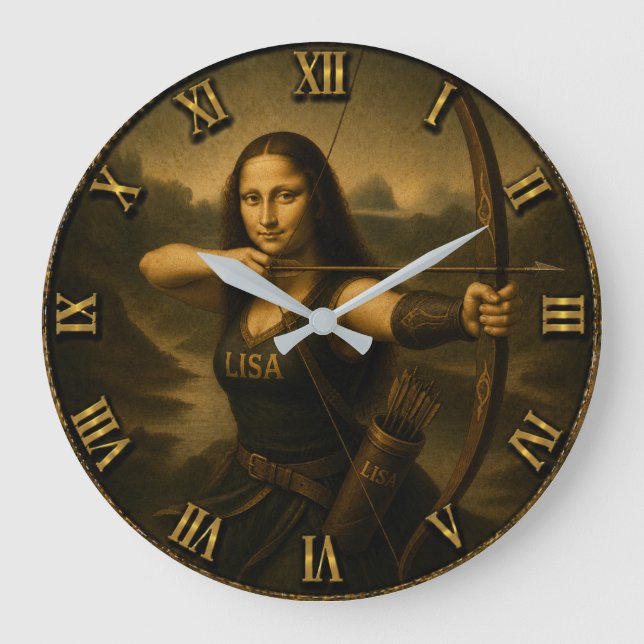 Funny Archery Mona Lisa Bow and Arrow Gift Large Clock (Front)