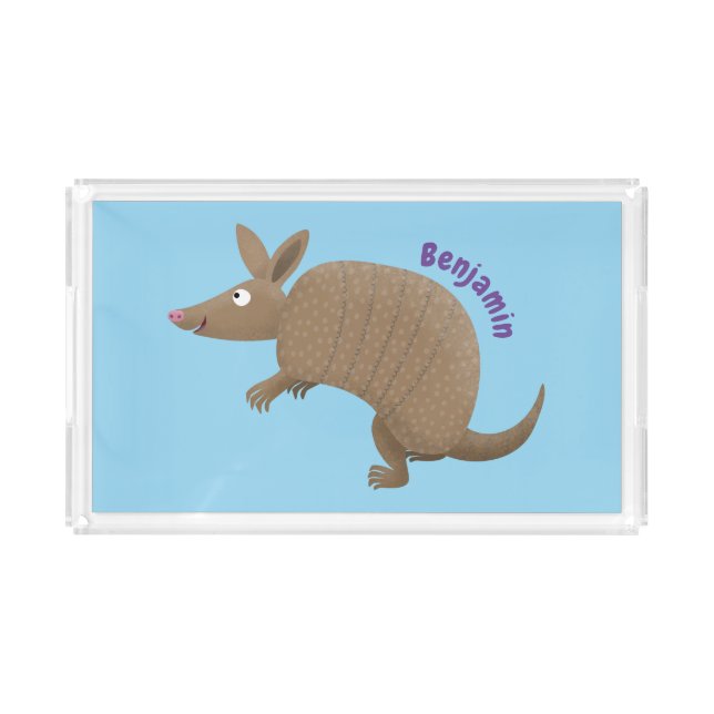 Funny armadillo happy cartoon illustration acrylic tray (Front)