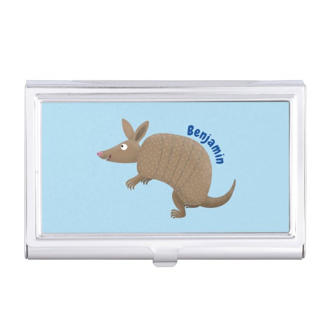 Funny armadillo happy cartoon illustration business card case (Front)