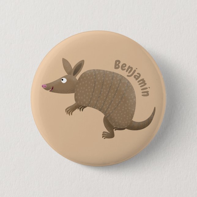 Funny armadillo happy cartoon illustration button (Front)