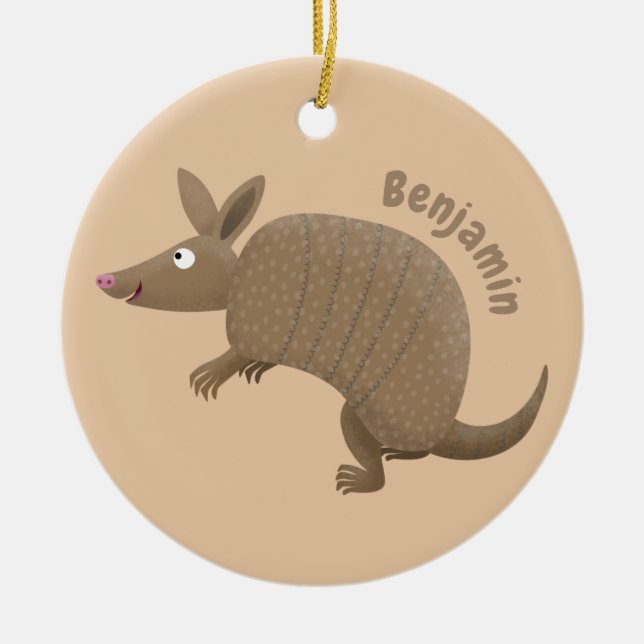 Funny armadillo happy cartoon illustration ceramic ornament (Front)