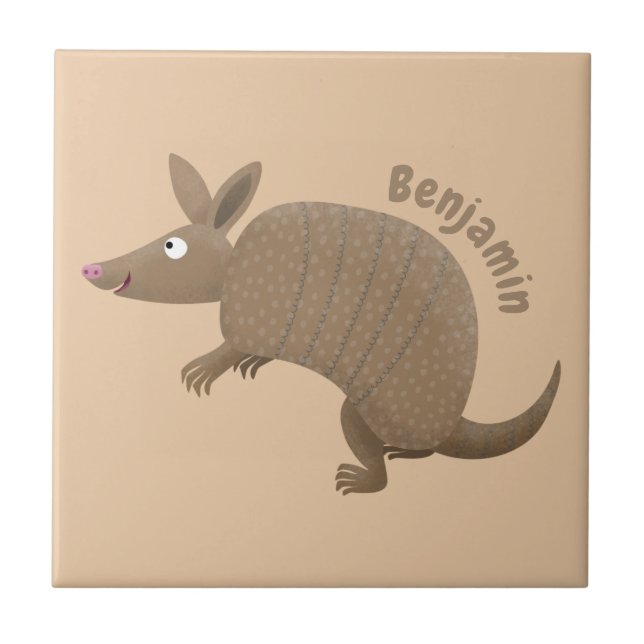 Funny armadillo happy cartoon illustration ceramic tile (Front)