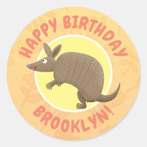 Funny armadillo happy cartoon illustration classic round sticker