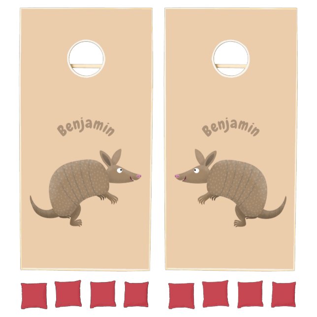 Funny armadillo happy cartoon illustration cornhole set (Set)