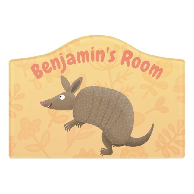 Funny armadillo happy cartoon illustration door sign (Small Crest Front)