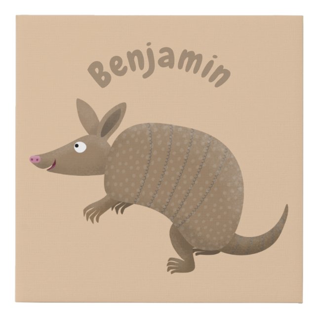 Funny armadillo happy cartoon illustration faux canvas print (Front)