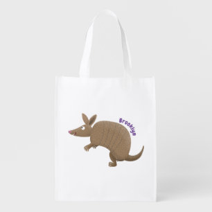 Funny armadillo happy cartoon illustration grocery bag