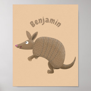 Funny armadillo happy cartoon illustration poster