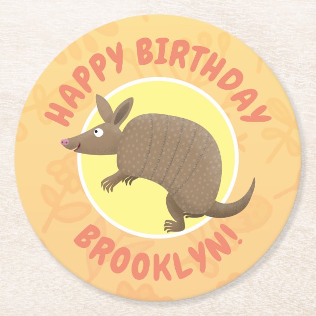 Funny armadillo happy cartoon illustration round paper coaster (Front)