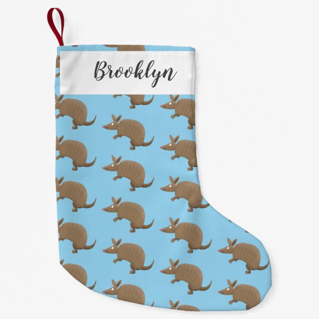 Funny armadillo happy cartoon illustration small christmas stocking (Front)