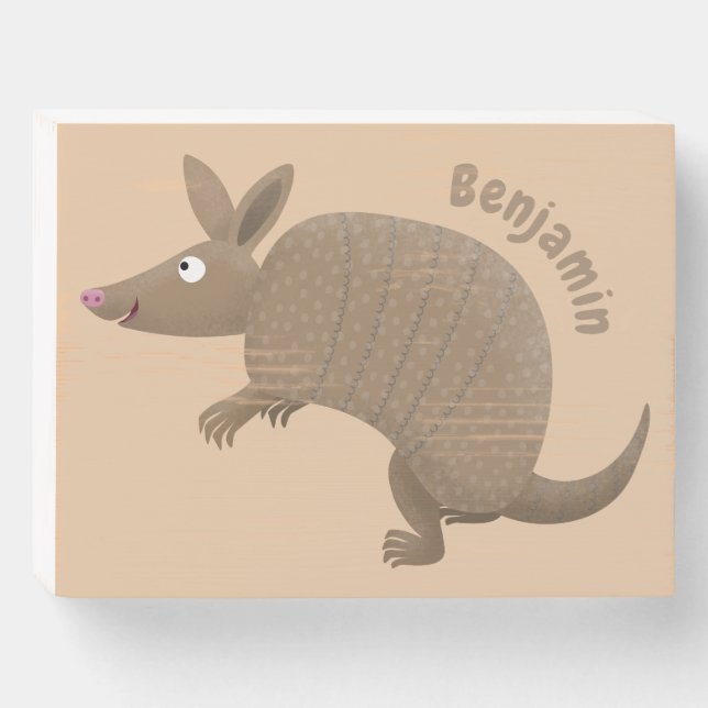 Funny armadillo happy cartoon illustration wooden box sign (Front Horizontal)