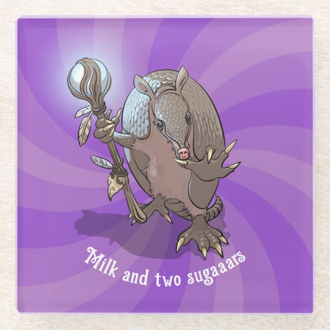 Funny Armadillo Milk & Two Sugars Hypnotic Cartoon Glass Coaster (Front)
